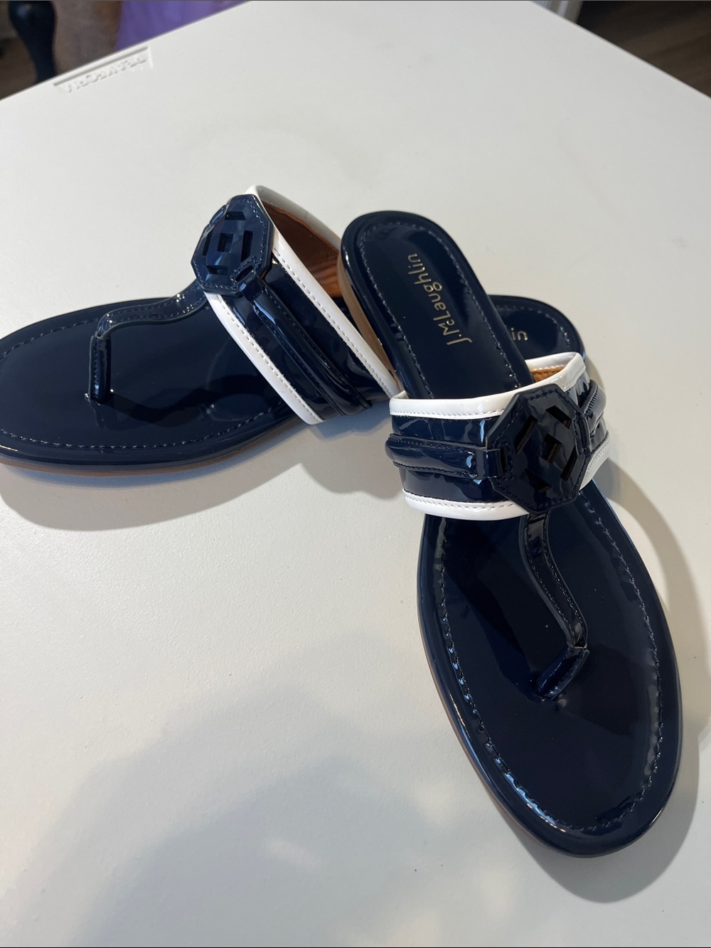 J. McLaughlin Navy Patent Leather Thong Sandals with White Trim - Picture 10 of 13